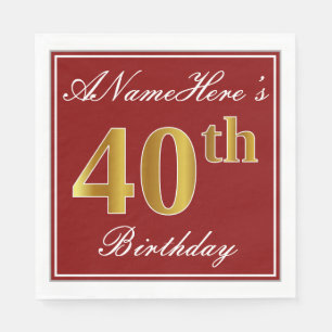 Elegant Red, Faux Gold 40th Birthday + Custom Name Napkin