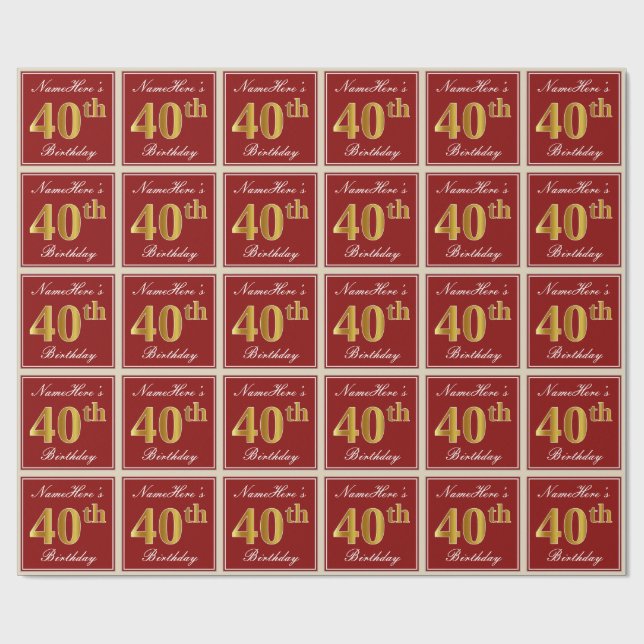 Elegant, Red, Faux Gold 40th Birthday; Custom Name Wrapping Paper (Flat)