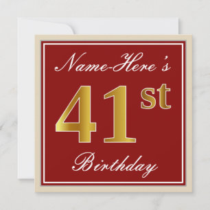 Elegant, Red, Faux Gold 41st Birthday; Custom Name Invitation