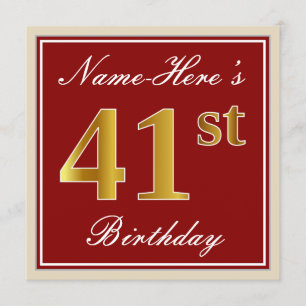 Elegant, Red, Faux Gold 41st Birthday; Custom Name Invitation