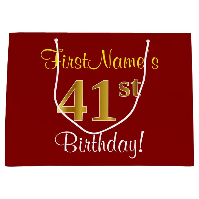 Elegant, Red, Faux Gold 41st Birthday; Custom Name Large Gift Bag (Front)