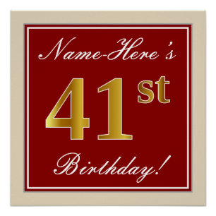 Elegant, Red, Faux Gold 41st Birthday; Custom Name Poster