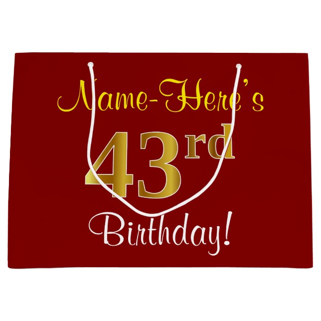 Elegant, Red, Faux Gold 43rd Birthday; Custom Name Large Gift Bag (Front)