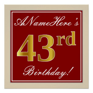 Elegant, Red, Faux Gold 43rd Birthday; Custom Name Poster