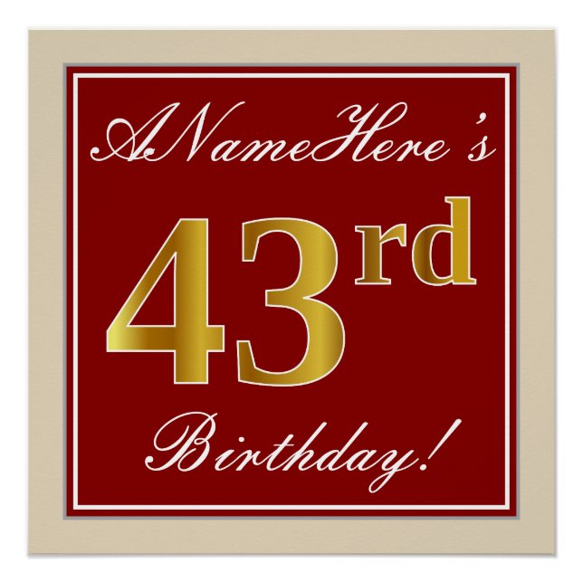 Elegant, Red, Faux Gold 43rd Birthday; Custom Name Poster (Front)