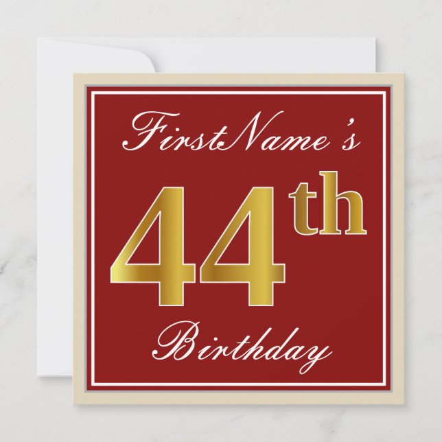Elegant, Red, Faux Gold 44th Birthday; Custom Name Invitation (Front)