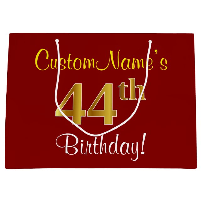 Elegant, Red, Faux Gold 44th Birthday; Custom Name Large Gift Bag (Front)