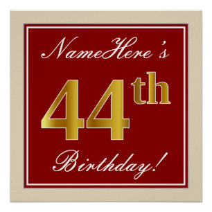 Elegant, Red, Faux Gold 44th Birthday; Custom Name Poster