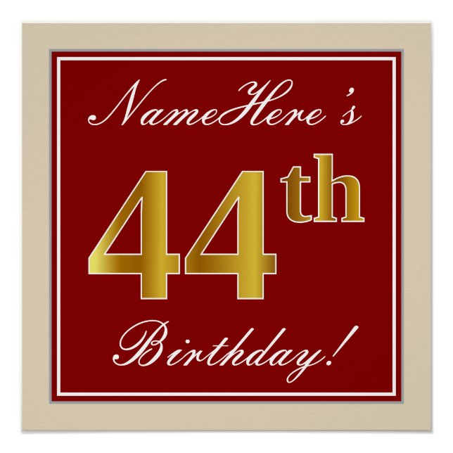Elegant, Red, Faux Gold 44th Birthday; Custom Name Poster (Front)