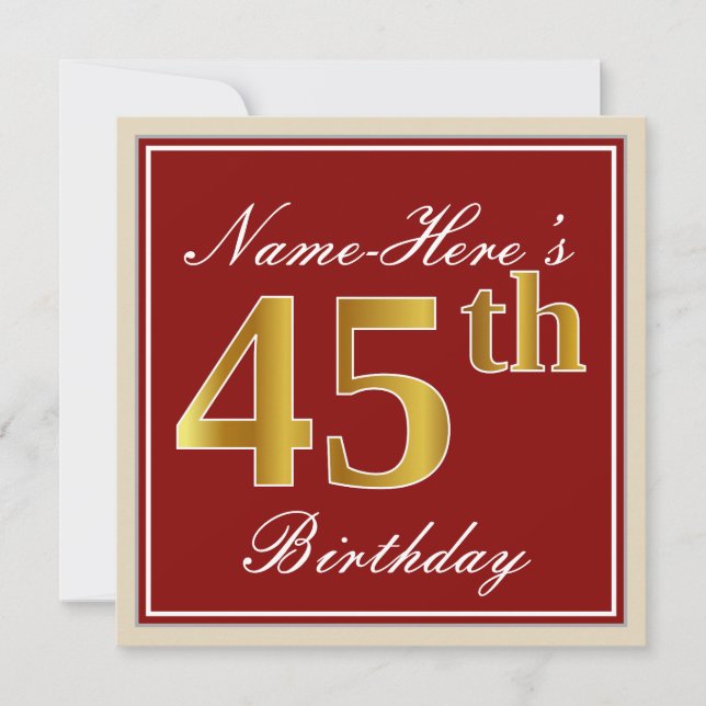 Elegant, Red, Faux Gold 45th Birthday; Custom Name Invitation (Front)