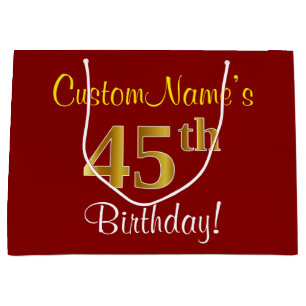 Elegant, Red, Faux Gold 45th Birthday; Custom Name Large Gift Bag