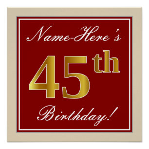 Elegant, Red, Faux Gold 45th Birthday; Custom Name Poster