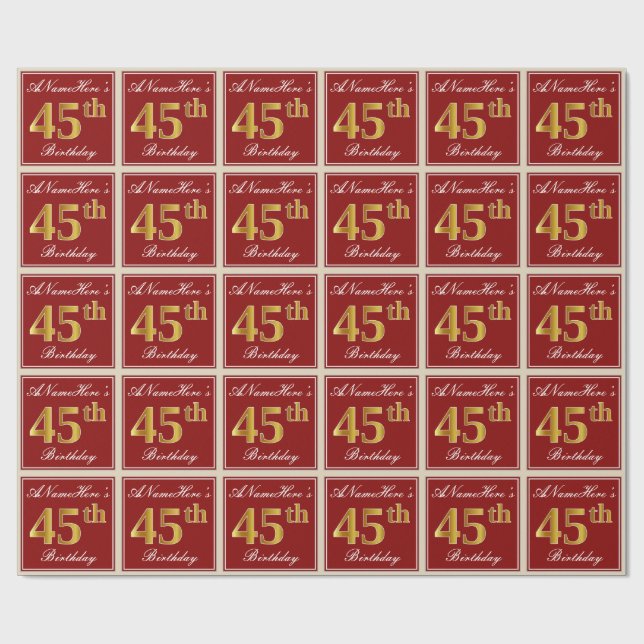 Elegant, Red, Faux Gold 45th Birthday; Custom Name Wrapping Paper (Flat)