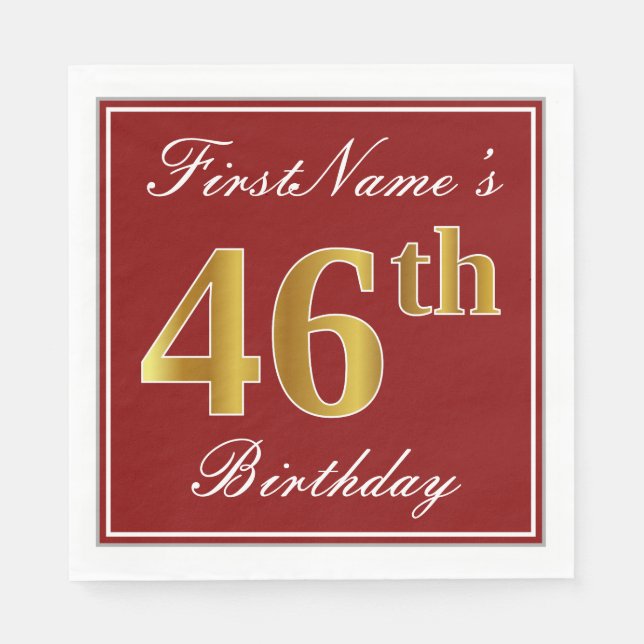 Elegant Red, Faux Gold 46th Birthday + Custom Name Napkin (Front)
