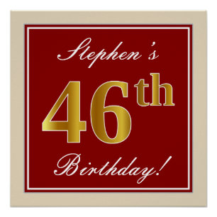 Elegant, Red, Faux Gold 46th Birthday; Custom Name Poster
