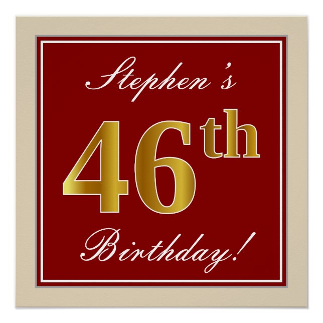 Elegant, Red, Faux Gold 46th Birthday; Custom Name Poster (Front)