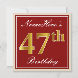 Elegant, Red, Faux Gold 47th Birthday; Custom Name Invitation
