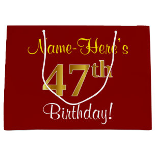 Elegant, Red, Faux Gold 47th Birthday; Custom Name Large Gift Bag