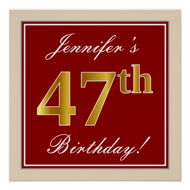 Elegant, Red, Faux Gold 47th Birthday; Custom Name Poster (Front)