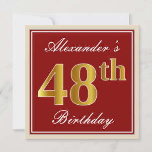 Elegant, Red, Faux Gold 48th Birthday; Custom Name Invitation