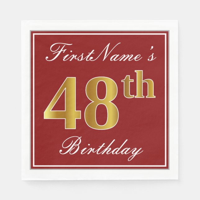 Elegant Red, Faux Gold 48th Birthday + Custom Name Napkin (Front)