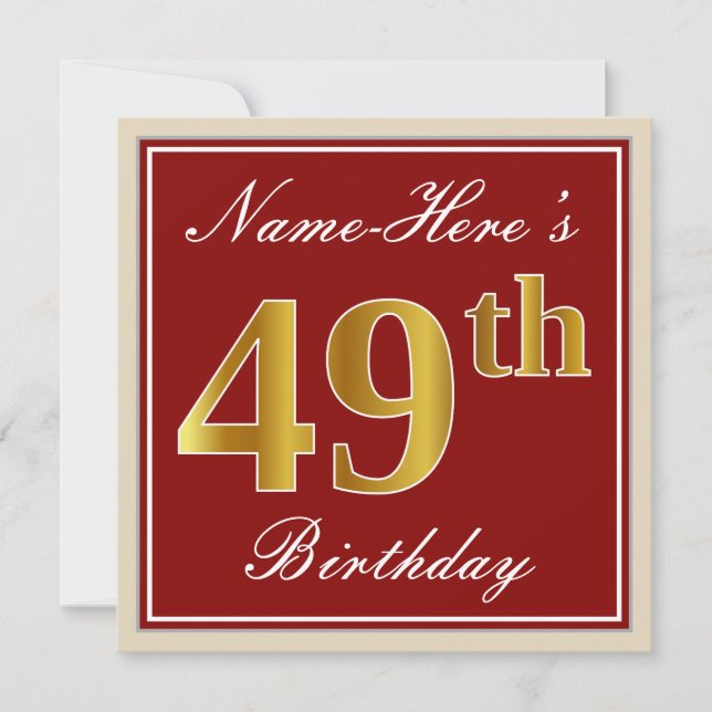 Elegant, Red, Faux Gold 49th Birthday; Custom Name Invitation (Front)