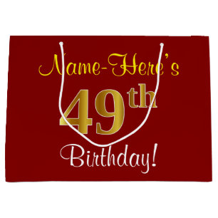 Elegant, Red, Faux Gold 49th Birthday; Custom Name Large Gift Bag