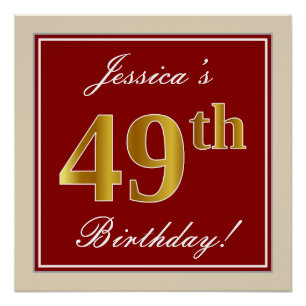 Elegant, Red, Faux Gold 49th Birthday; Custom Name Poster