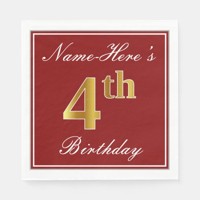 Elegant Red, Faux Gold 4th Birthday + Custom Name Napkin (Front)