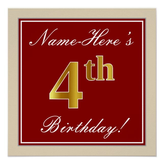 Elegant, Red, Faux Gold 4th Birthday + Custom Name Poster (Front)