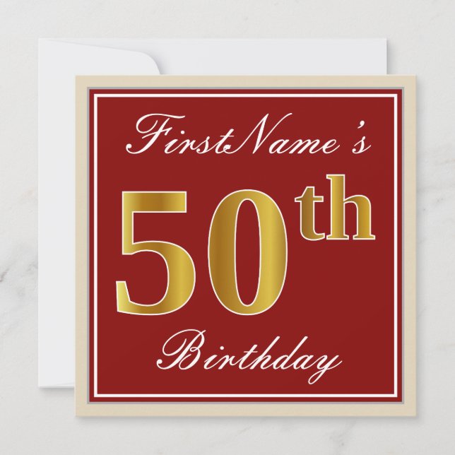 Elegant, Red, Faux Gold 50th Birthday; Custom Name Invitation (Front)