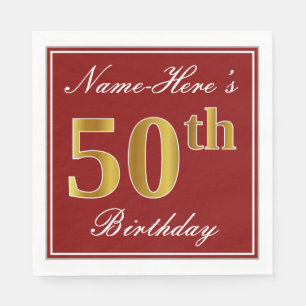 Elegant Red, Faux Gold 50th Birthday + Custom Name Napkin