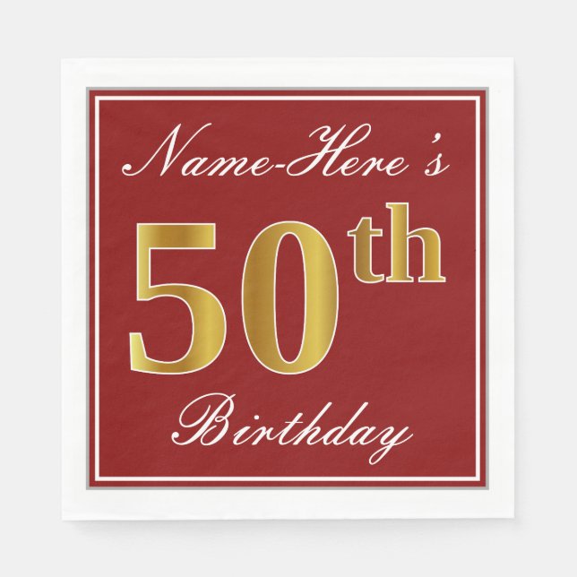 Elegant Red, Faux Gold 50th Birthday + Custom Name Napkin (Front)