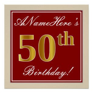 Elegant, Red, Faux Gold 50th Birthday; Custom Name Poster