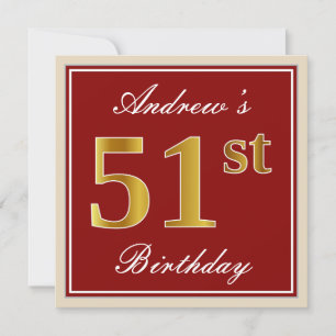 Elegant, Red, Faux Gold 51st Birthday; Custom Name Invitation