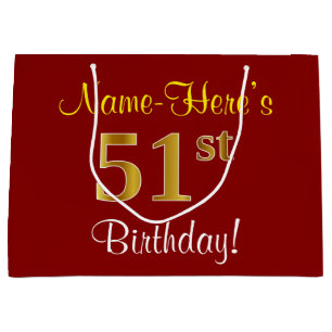 Elegant, Red, Faux Gold 51st Birthday; Custom Name Large Gift Bag
