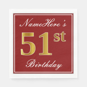 Elegant Red, Faux Gold 51st Birthday + Custom Name Napkin