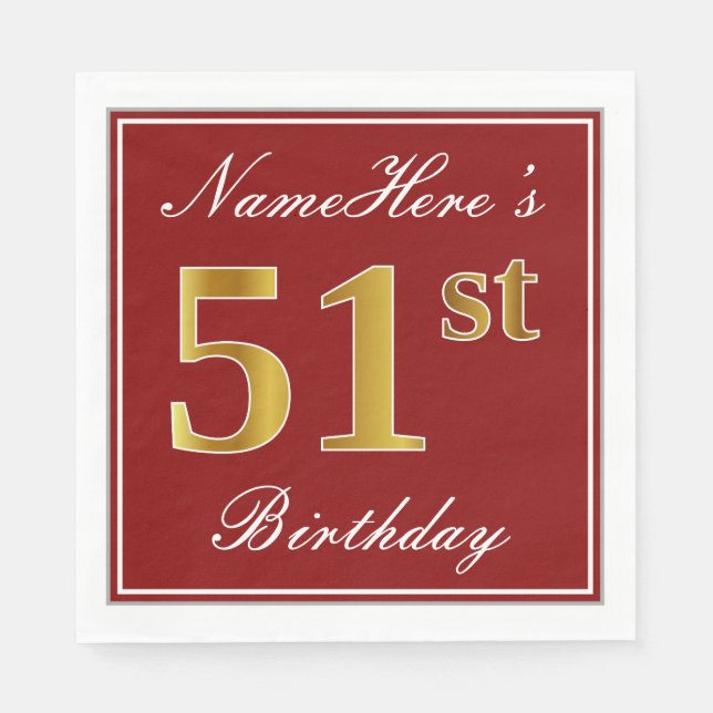 Elegant Red, Faux Gold 51st Birthday + Custom Name Napkin (Front)