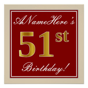 Elegant, Red, Faux Gold 51st Birthday; Custom Name Poster