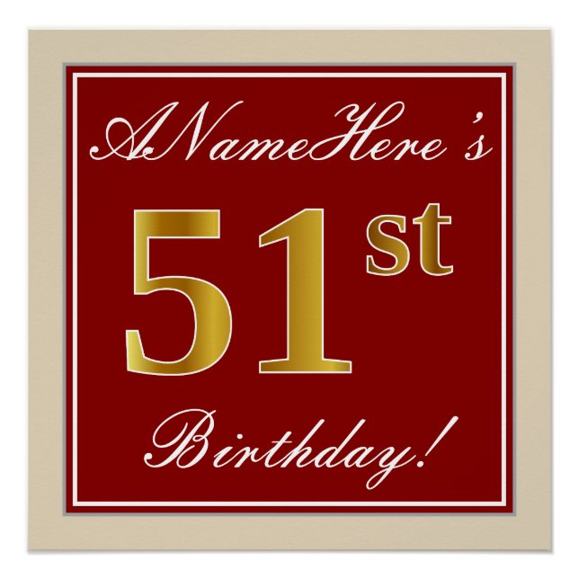 Elegant, Red, Faux Gold 51st Birthday; Custom Name Poster (Front)