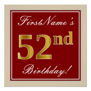 Elegant, Red, Faux Gold 52nd Birthday; Custom Name Poster