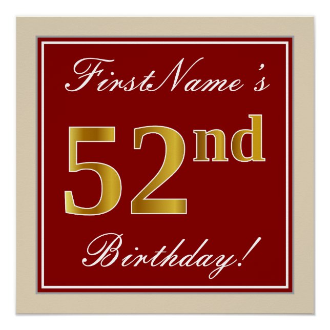 Elegant, Red, Faux Gold 52nd Birthday; Custom Name Poster (Front)