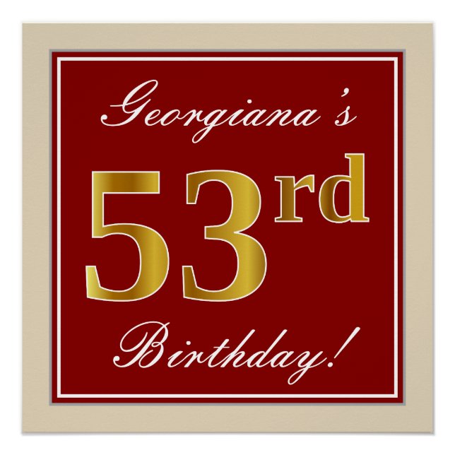 Elegant, Red, Faux Gold 53rd Birthday; Custom Name Poster (Front)