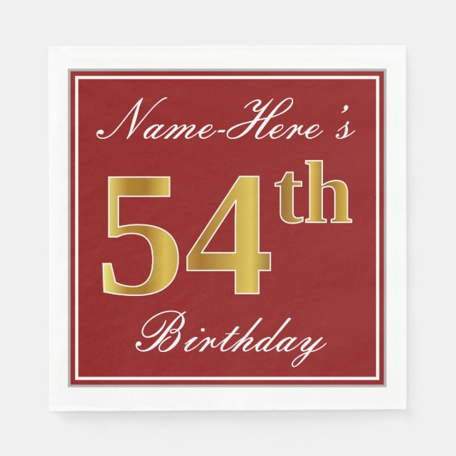 Elegant Red, Faux Gold 54th Birthday + Custom Name Napkin (Front)