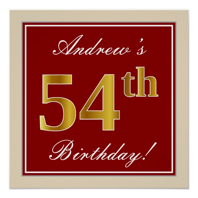 Elegant, Red, Faux Gold 54th Birthday; Custom Name Poster (Front)