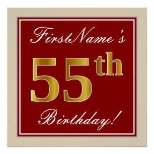 Elegant, Red, Faux Gold 55th Birthday; Custom Name Poster