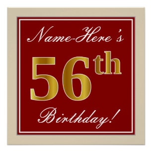 Elegant, Red, Faux Gold 56th Birthday; Custom Name Poster