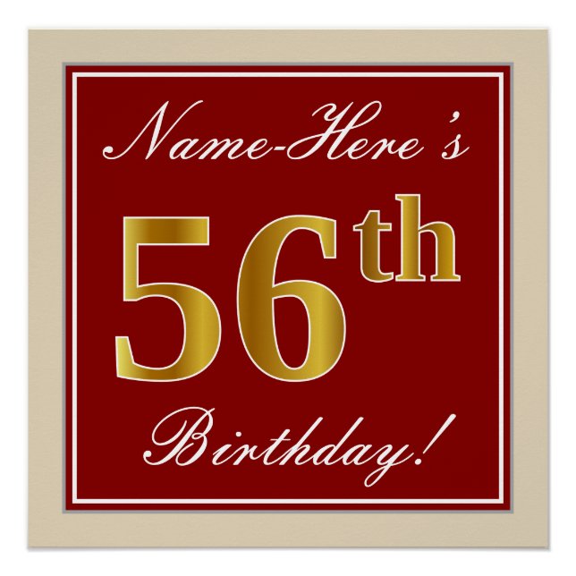 Elegant, Red, Faux Gold 56th Birthday; Custom Name Poster (Front)