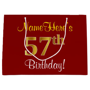 Elegant, Red, Faux Gold 57th Birthday; Custom Name Large Gift Bag