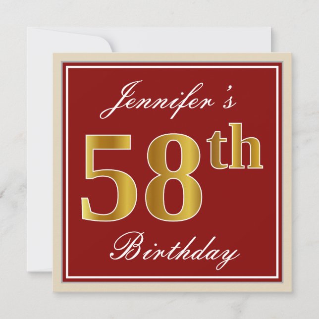 Elegant, Red, Faux Gold 58th Birthday; Custom Name Invitation (Front)
